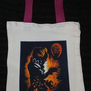 White Tote Bag with Artistic Print and Purple Handles